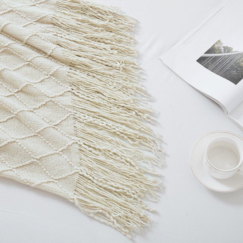 BOURINA Beige Throw Blanket 50x60 Inches Throw Textured Solid Soft Sofa Couch Decorative Knit Blanket - Image 5